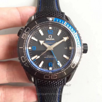 Replik-Uhr Omega Seamaster Planet Ocean 600M Deep Schwarz In Blaues GMT 215.92.46.22.01.002 PVD Schwarzes Zifferblatt 