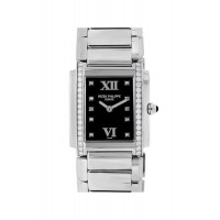 Replik Patek Philippe Twenty-4 Damenuhr 4910/10A-001 mit schwarzem Zifferblatt, Stahl und Diamanten