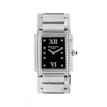 Replik Patek Philippe Twenty-4 Damenuhr 4910/10A-001 mit schwarzem Zifferblatt, Stahl und Diamanten
