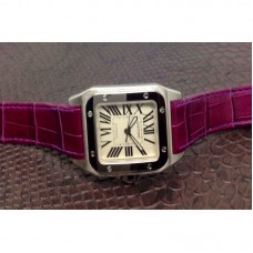 Replik-Uhr Cartier Santos 100 Midsize Rostfreier Stahl WeiBes Zifferblatt violett Leather Strap