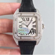 Replik-Uhr Cartier Santos 100 WM501751 Rostfreier Stahl & Diamanten Silbernes Zifferblatt